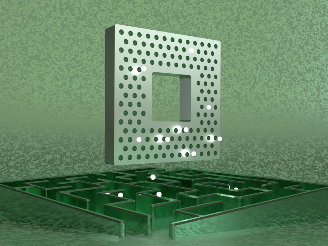 Green image of a pegboard square over a maze.