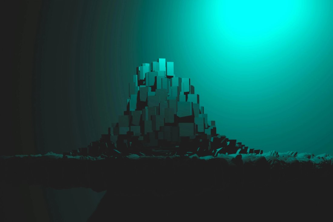 An abstract teal mountain of rectangles on a black background