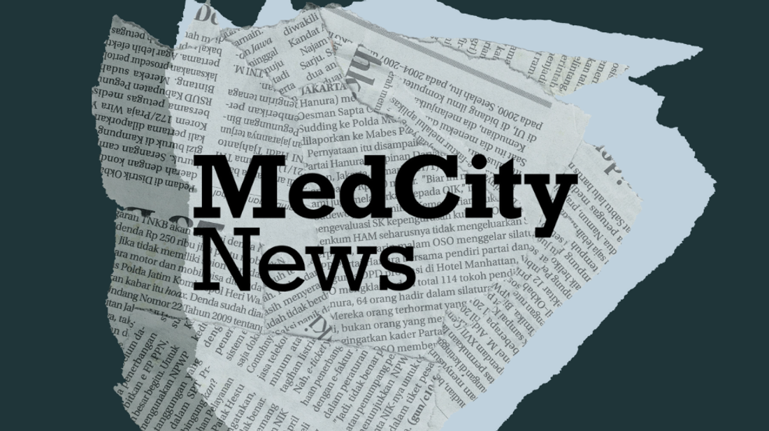 MedCity News logo over newspaper clippings on an dark teal background.