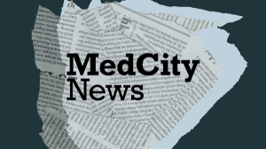 MedCity News logo over newspaper clippings on an dark teal background.