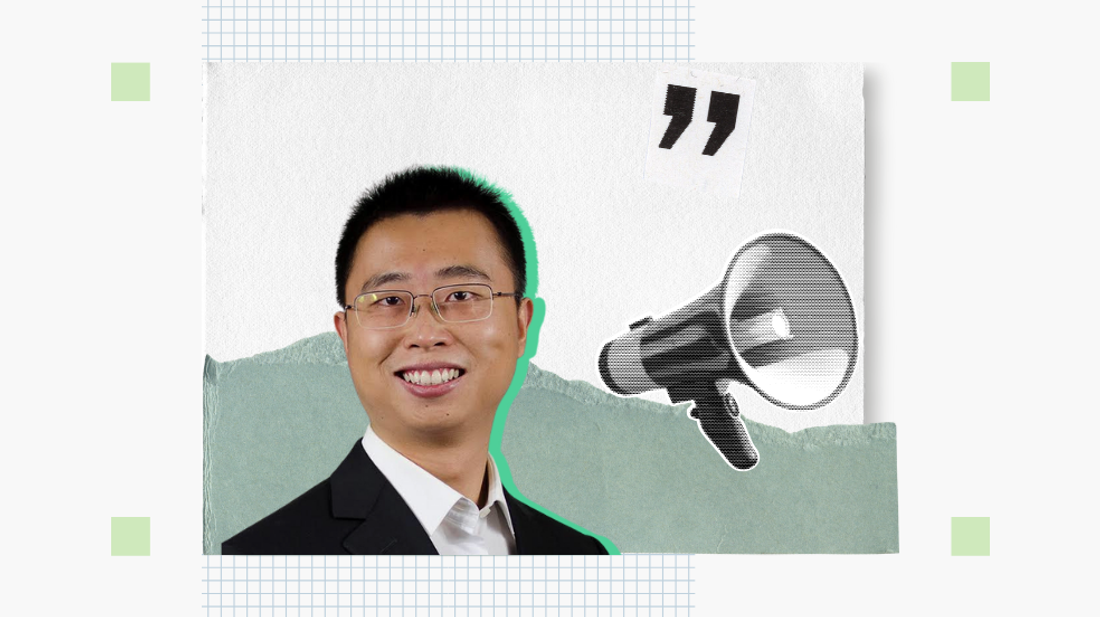 Collage of paper, a megaphone, and a smiling man in a suit.