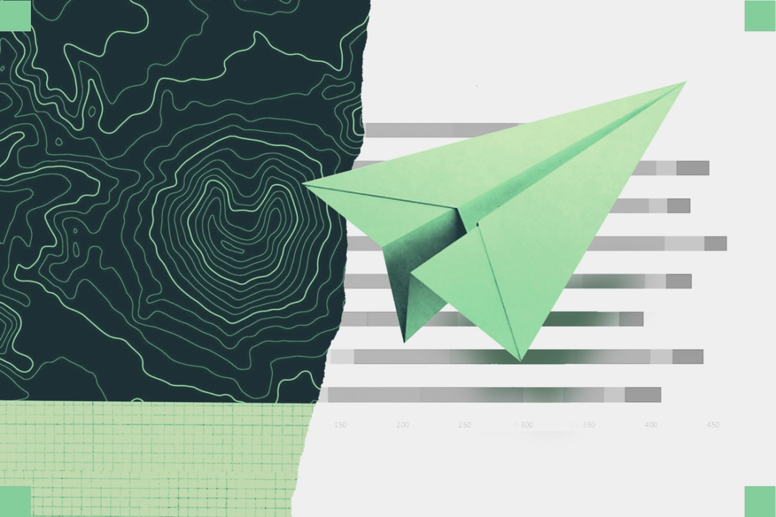 Green paper airplane centered between a dark topographic map on the left and a chart behind.