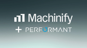 Machinify and Performant logos on a teal gradient background