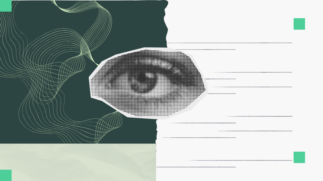 A collage with an eye over torn paper and lines