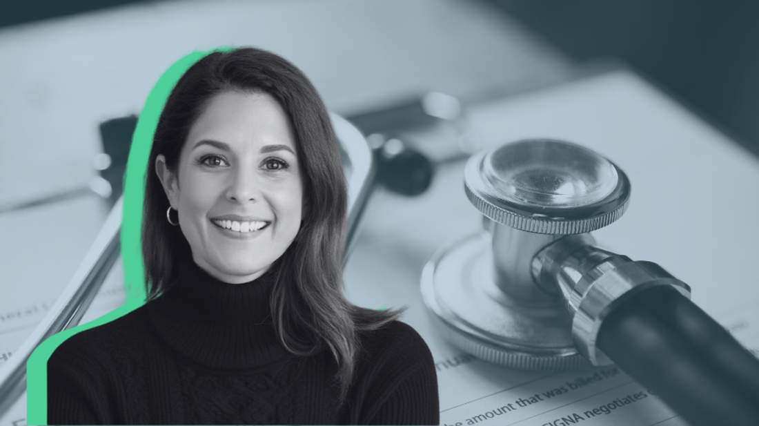 Professional woman smiling in a black turtleneck sweater, with a background featuring a stethoscope on a medical document and abstract geometric shapes.