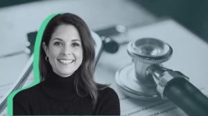 Professional woman smiling in a black turtleneck sweater, with a background featuring a stethoscope on a medical document and abstract geometric shapes.