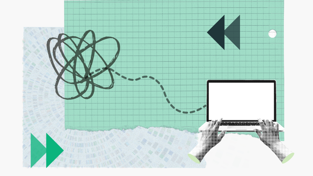 A collage with a scribbled line leading to a laptop.