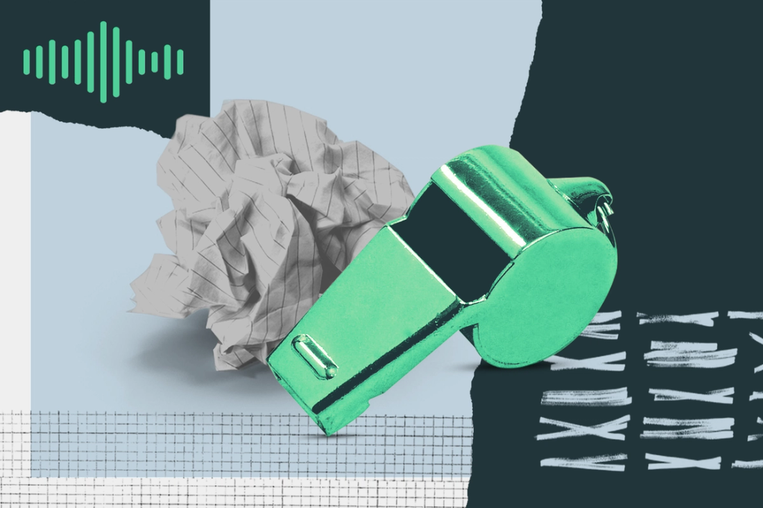 Green whistle in the foreground with a crumpled piece of paper behind it, set against a collage background with grid patterns and sound wave graphic.