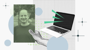 A graphical collage of a man smiling, a hand, and a laptop.