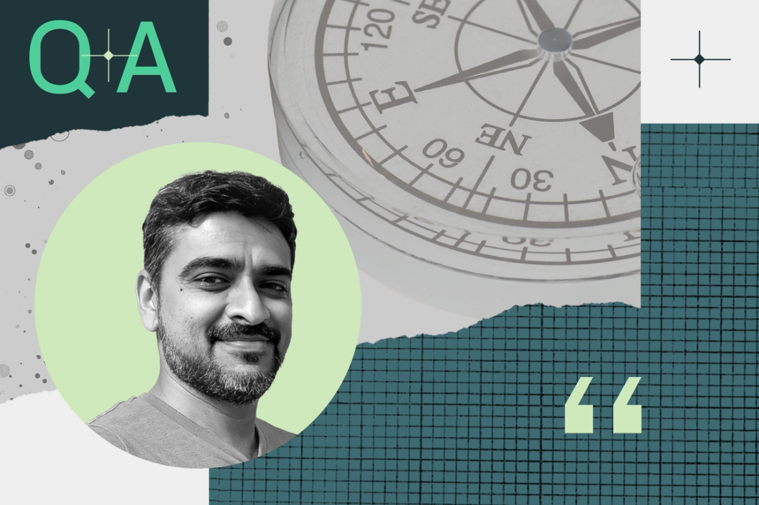 Smiling man in a circular frame with a compass in the background, the text “Q+A” at the top left, and quotation marks on a teal grid pattern.
