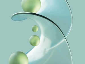 A translucent spiral with green spheres climbing it.