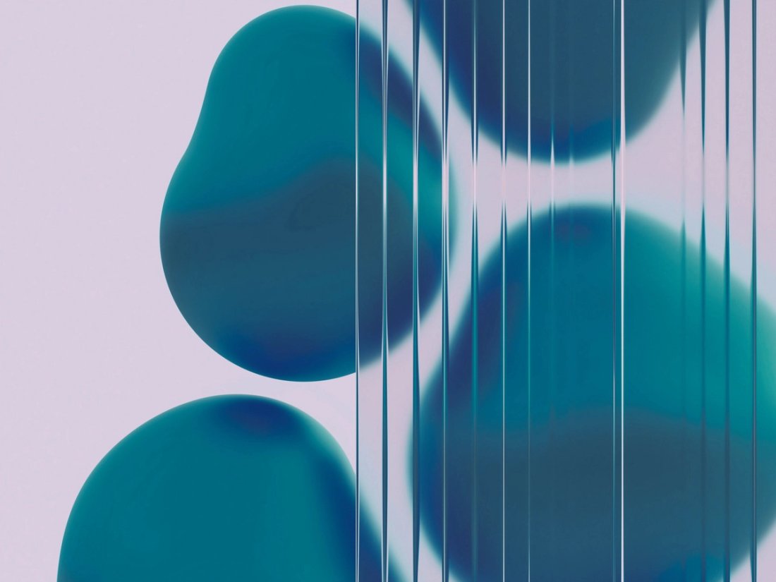 Teal forms behind a textured glass panel.