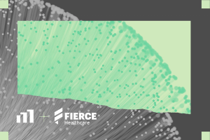 Abstract image of glowing green fiber optic strands overlaid on grayscale fibers, with the Fierce Healthcare logo and another bar chart-like logo at the bottom.