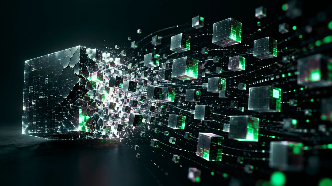 A digital rendering of a large cube breaking into smaller cubes with a sense of movement toward the right side of the screen.