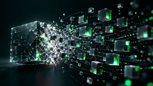 A digital rendering of a large cube breaking into smaller cubes with a sense of movement toward the right side of the screen.