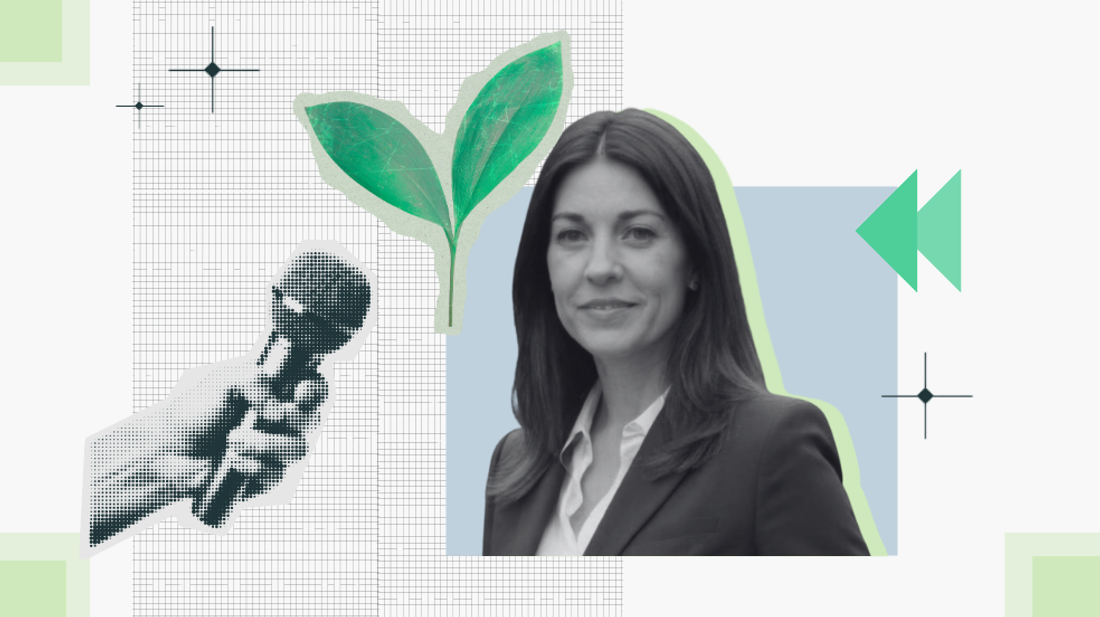Collage of a woman in a suit with a microphone, sprouting plant, and the Machinify logo in the background.