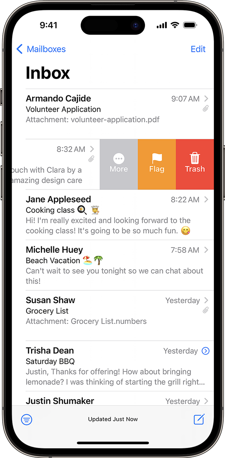 An iPhone displaying email inbox with edit an email options activated by intuitive swiping