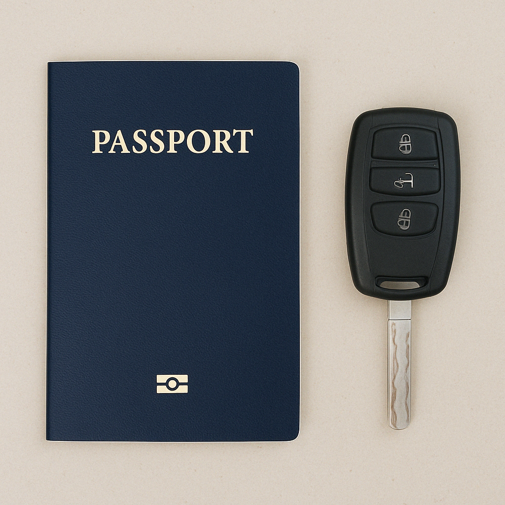 A navy blue passport placed next to a black car key fob on a light beige surface, symbolizing essential documents for a driving test.