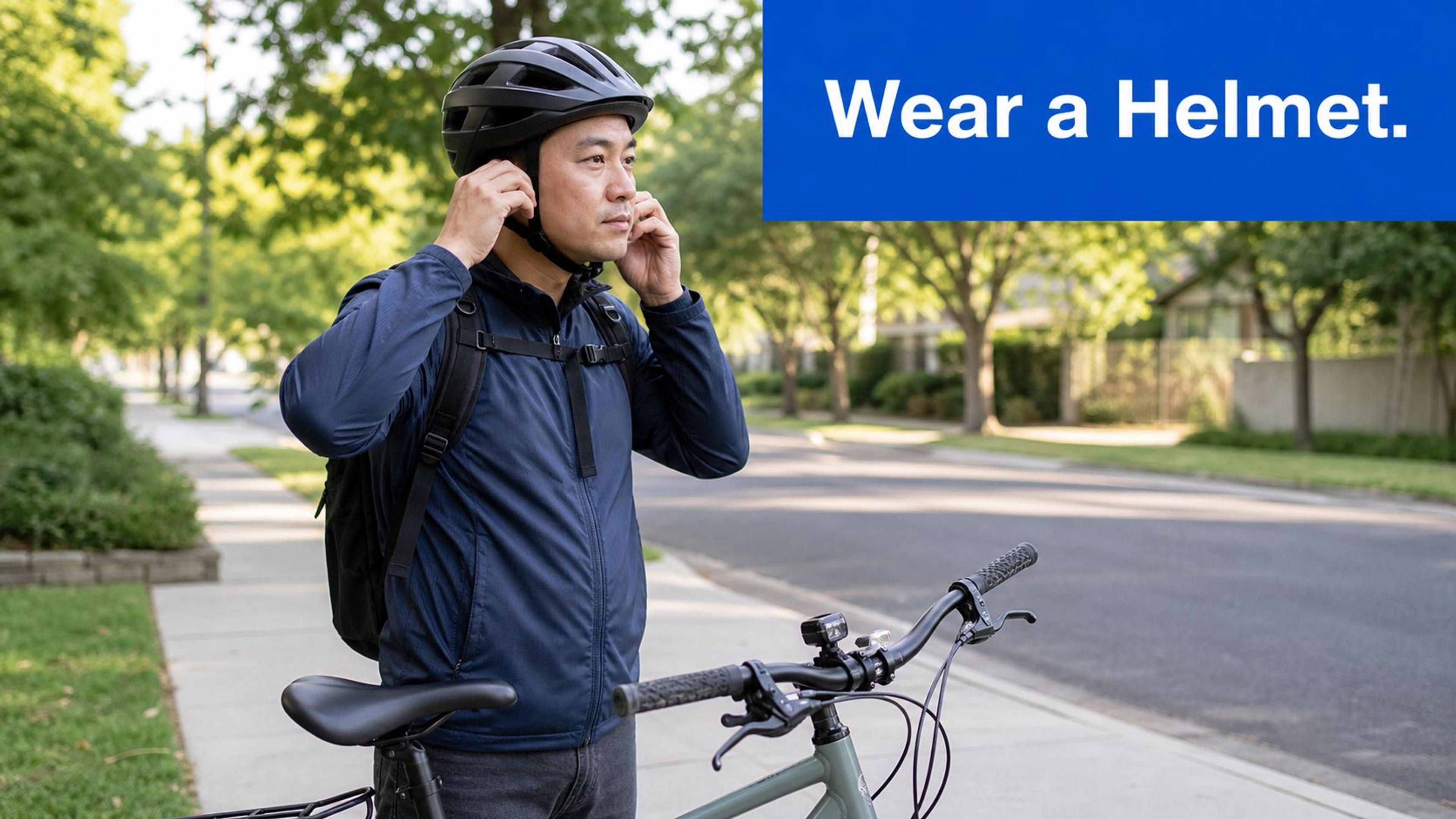 A man wearing a blue jacket adjusts his black bicycle helmet while standing next to his bike.