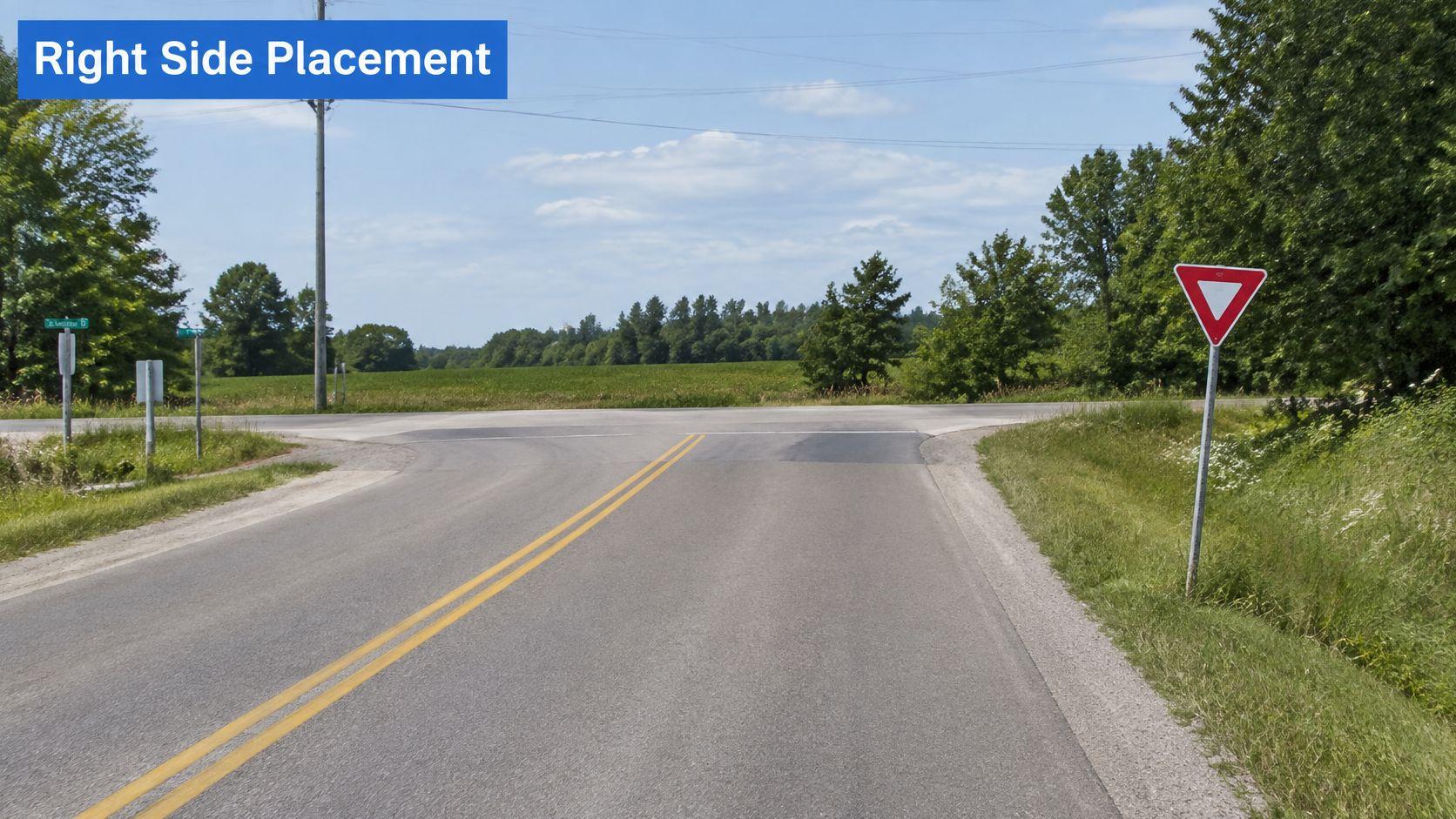 A standard red and white triangular yield sign positioned on the right side of a rural intersection.