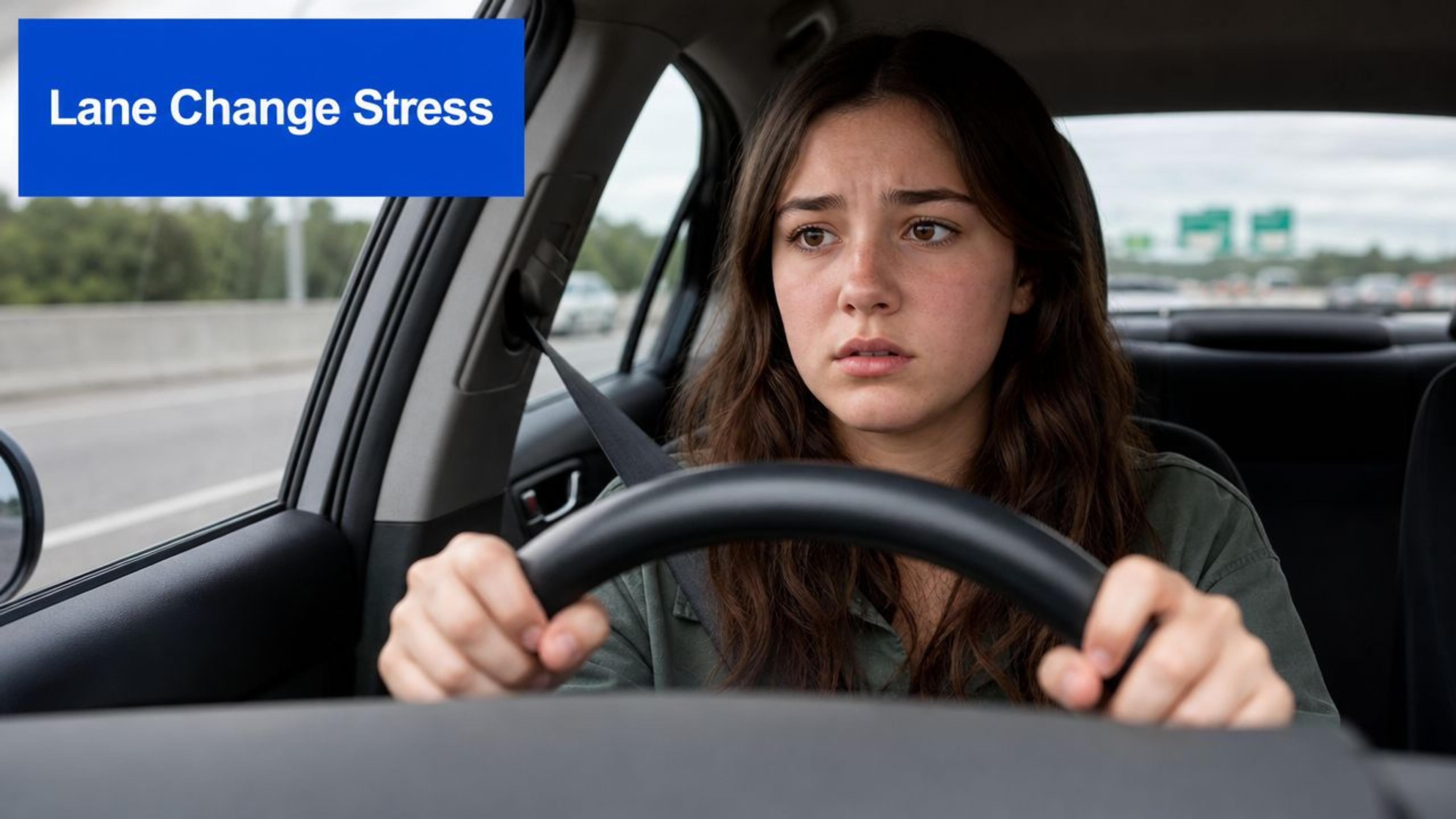 A young woman driving a car with a worried expression, illustrating the stress of changing lanes.