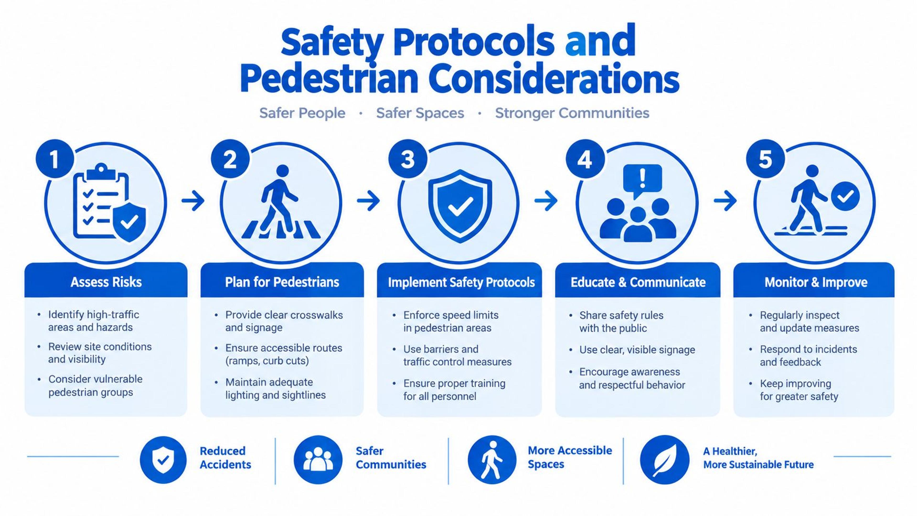 A five-step infographic detailing safety protocols for pedestrian traffic management to ensure safer community spaces.