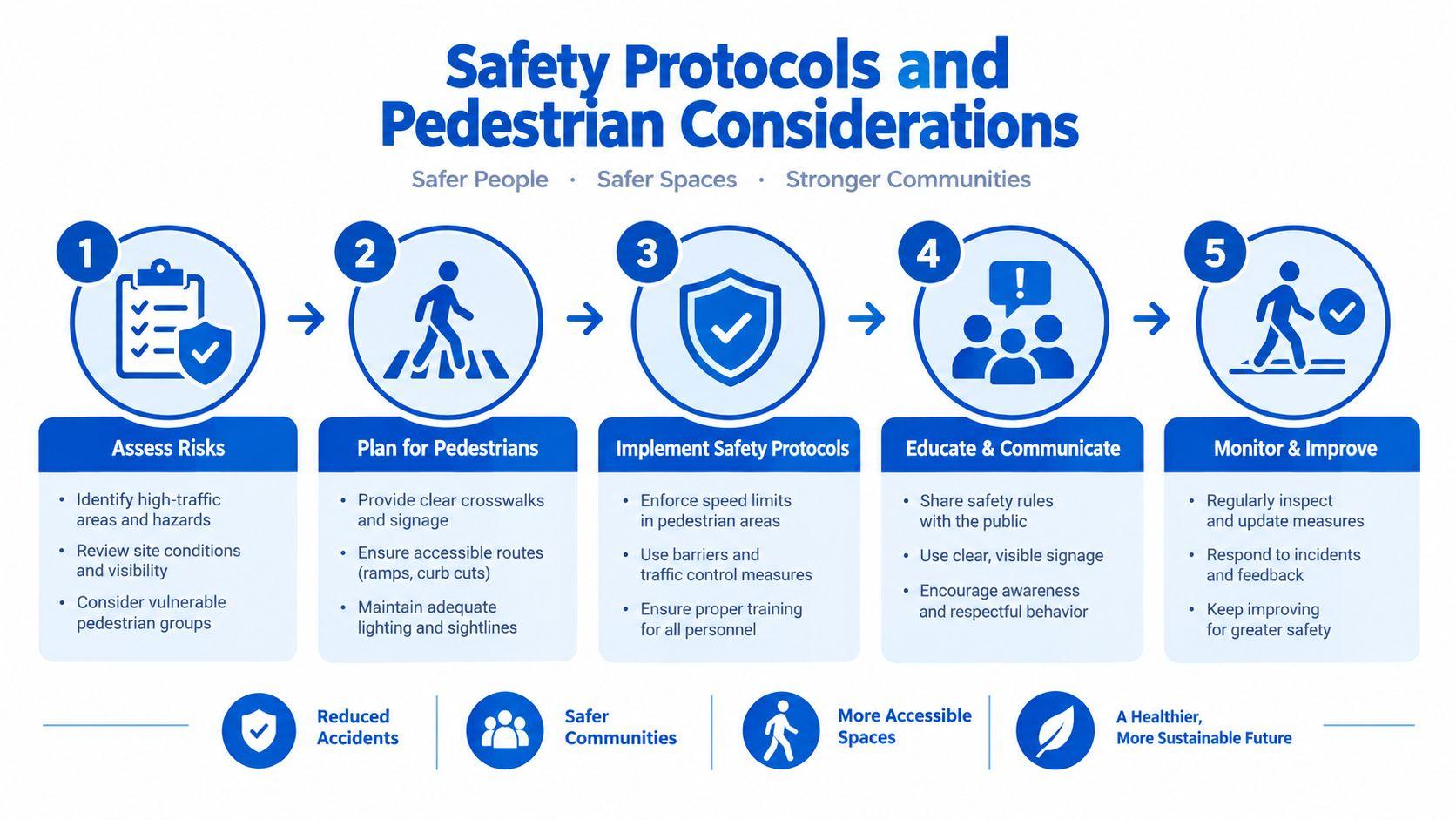 A five-step infographic detailing safety protocols for pedestrian traffic management to ensure safer community spaces.