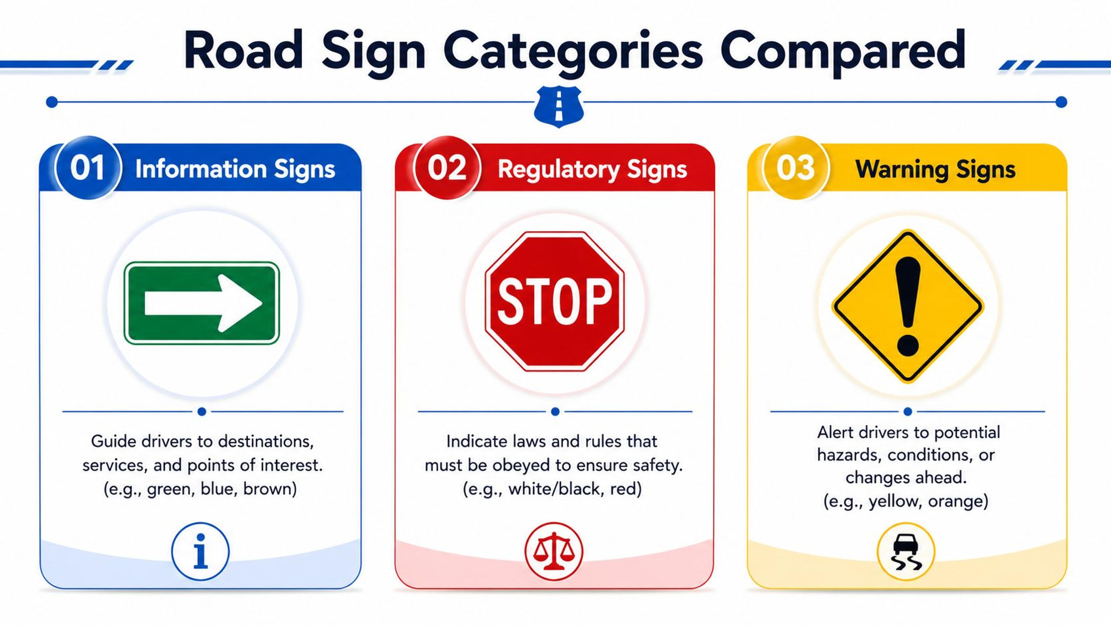 An educational infographic comparing road sign categories: information signs, regulatory signs, and warning signs.