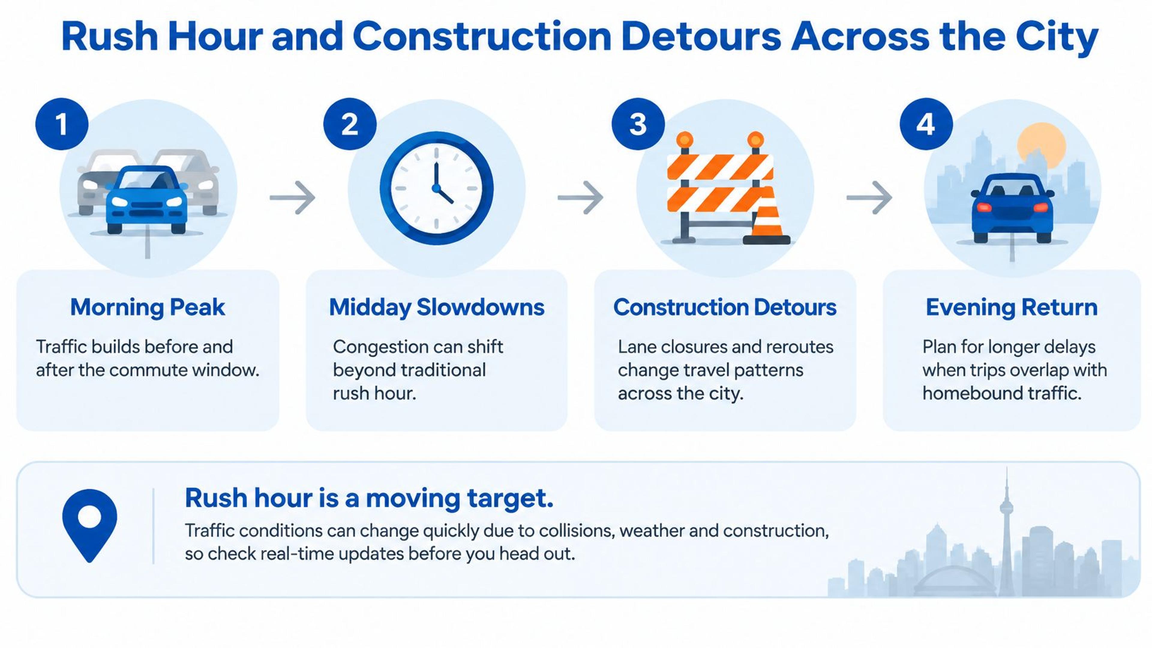 An infographic illustrating how traffic patterns, construction detours, and rush hour change across the city.