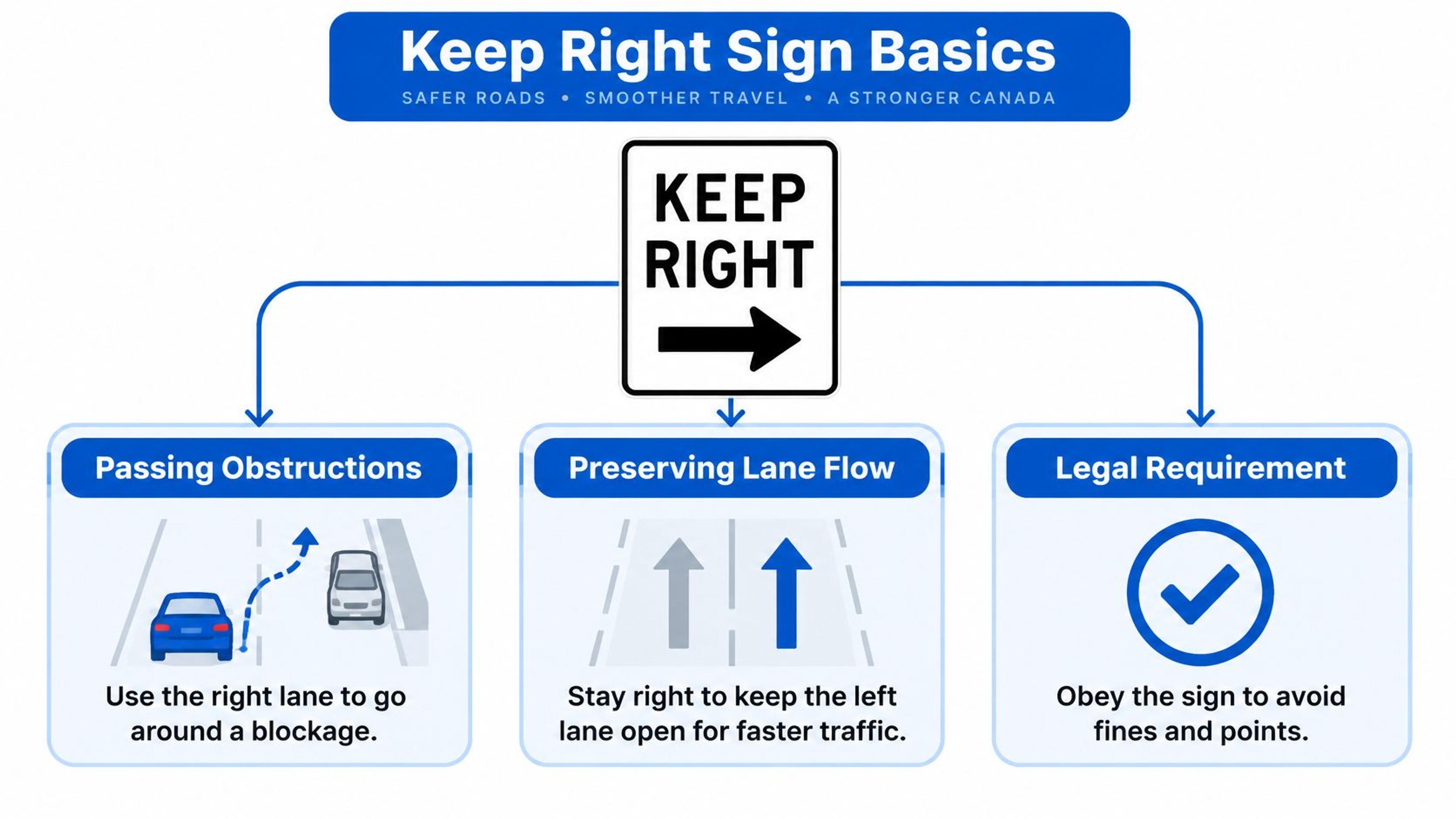 An infographic explaining the rules and purpose of the Keep Right traffic sign on Canadian roads.