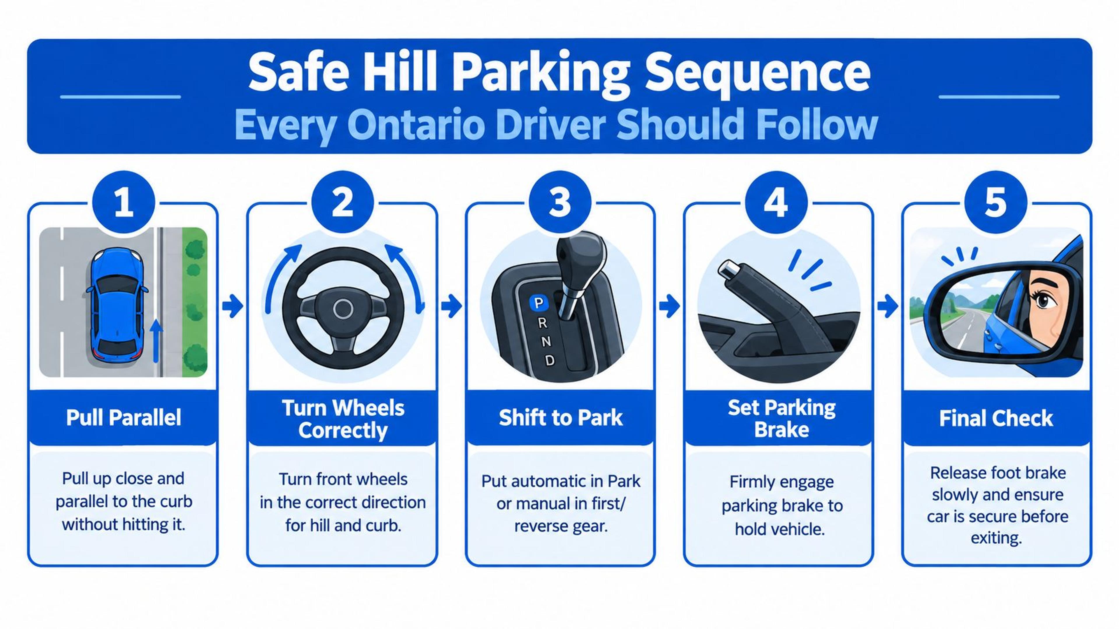 A five-step infographic illustrating the safe procedure for parking a vehicle on an incline in Ontario.