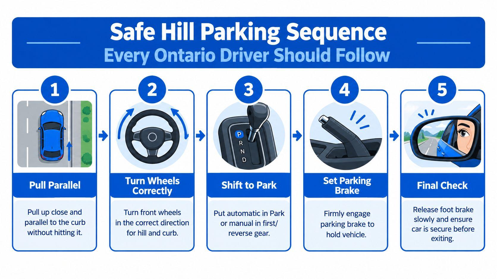 A five-step infographic illustrating the safe procedure for parking a vehicle on an incline in Ontario.