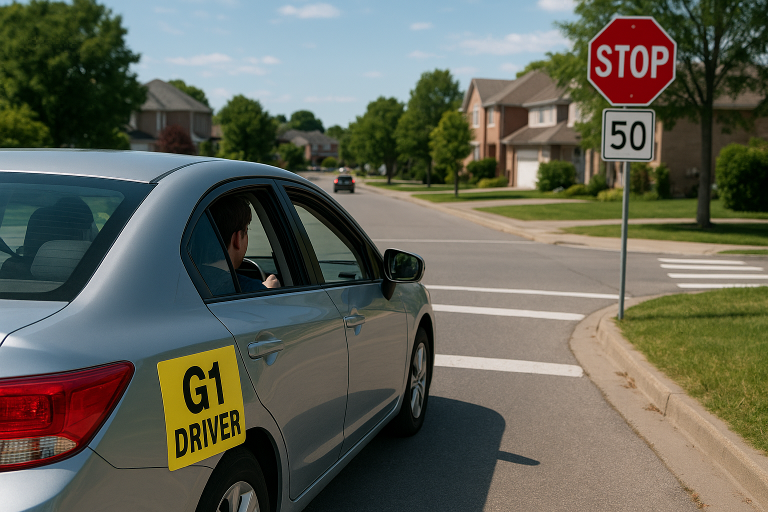 G1 learner driver in Ontario approaching a stop sign in a suburban neighborhood, demonstrating essential road rules for new drivers.