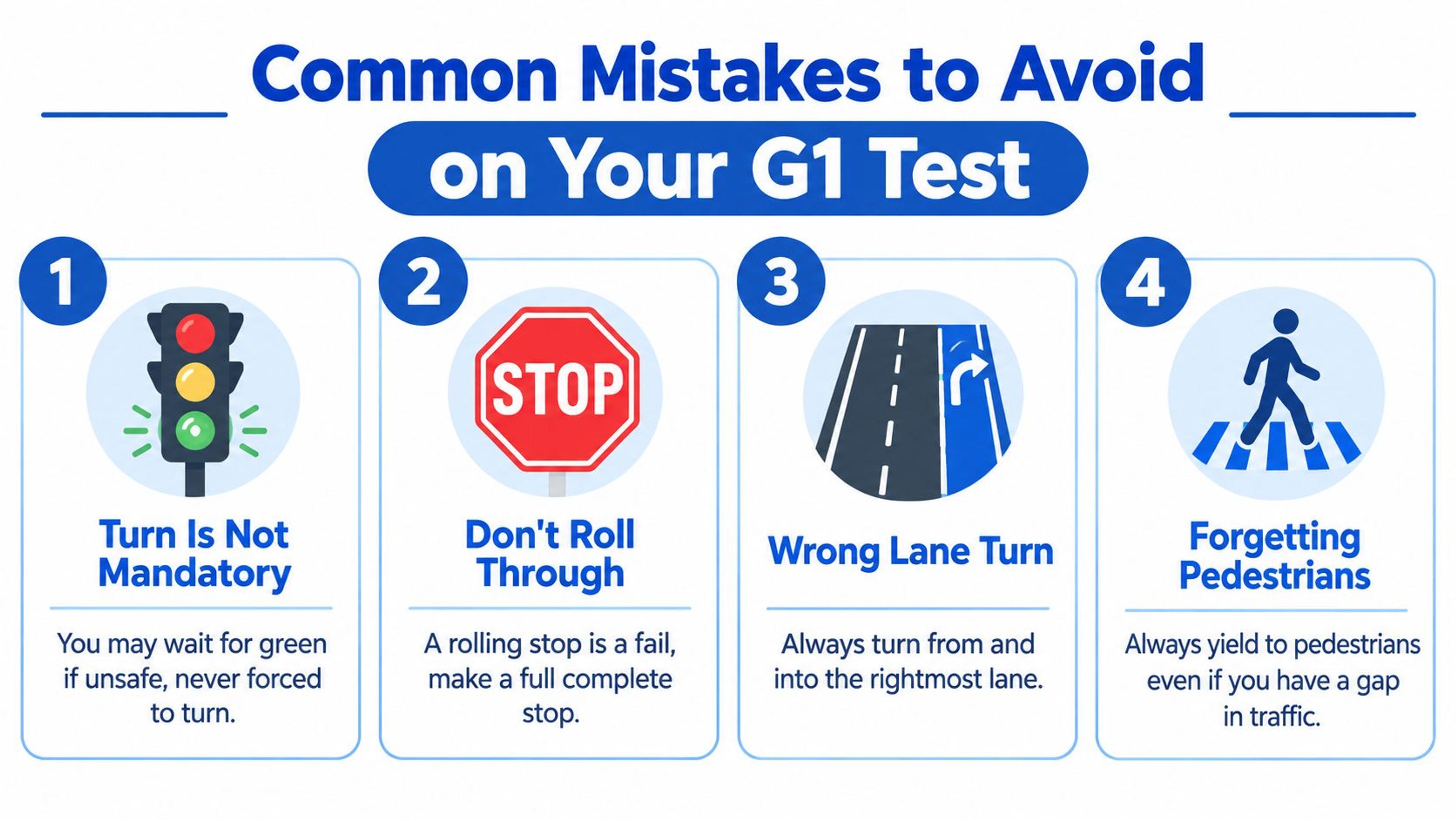 A visual guide outlining four common driving mistakes to avoid during an Ontario G1 road test.