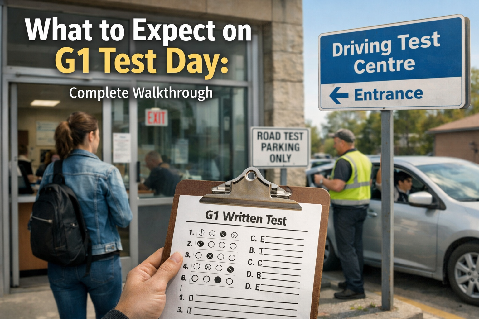 G1 written test day at an Ontario DriveTest centre showing test registration and road test parking area