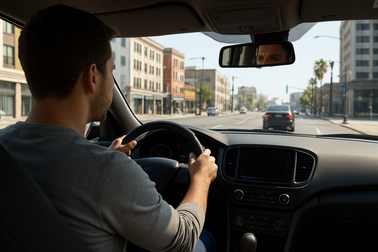 Realistic view from inside a car showing a driver navigating a city street in the Greater Toronto Area.