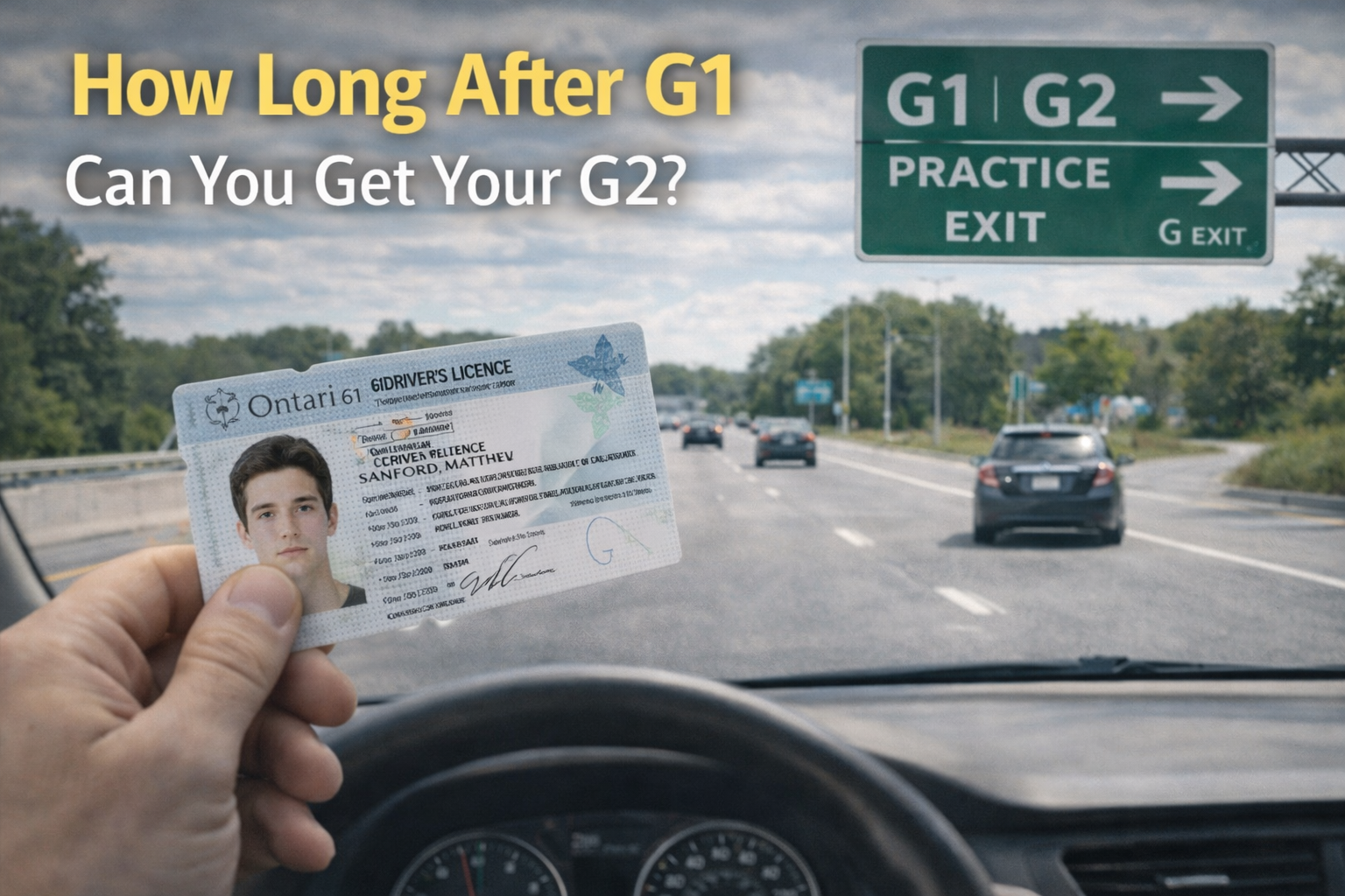 Ontario highway with G1 and G2 road sign showing driver holding G1 licence and driving toward G2 test stage