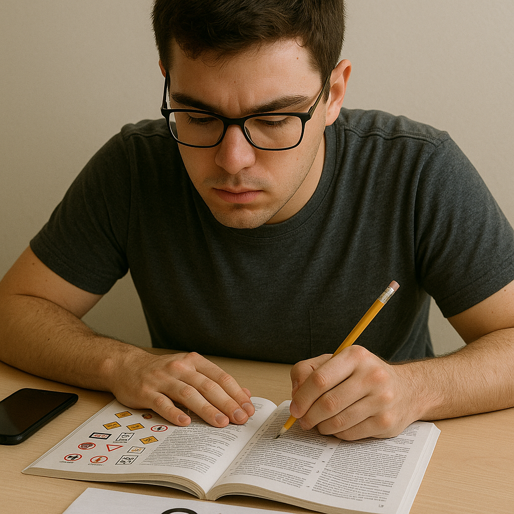 Young man studying for the G1 knowledge test at a wooden table with a driver's manual, pencil, smartphone, and test paper