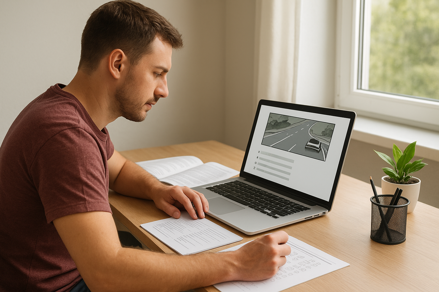 A man studying for the Ontario G1 driving test at home, taking notes while viewing a driving practice test on his laptop near a sunny window.