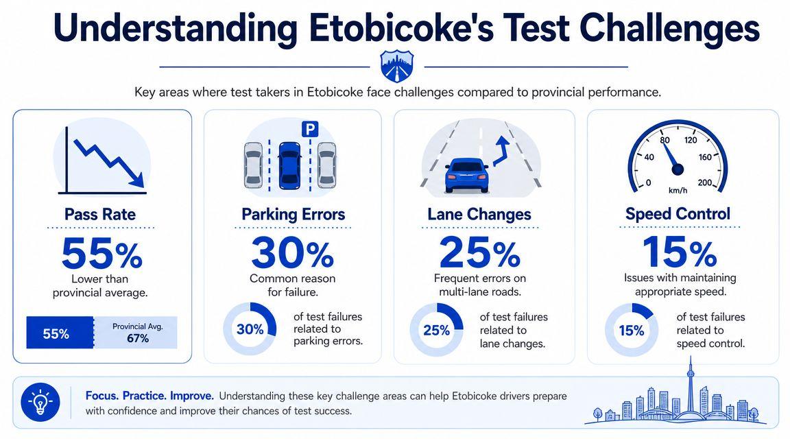 An infographic detailing common driving test failure reasons in Etobicoke compared to provincial averages.