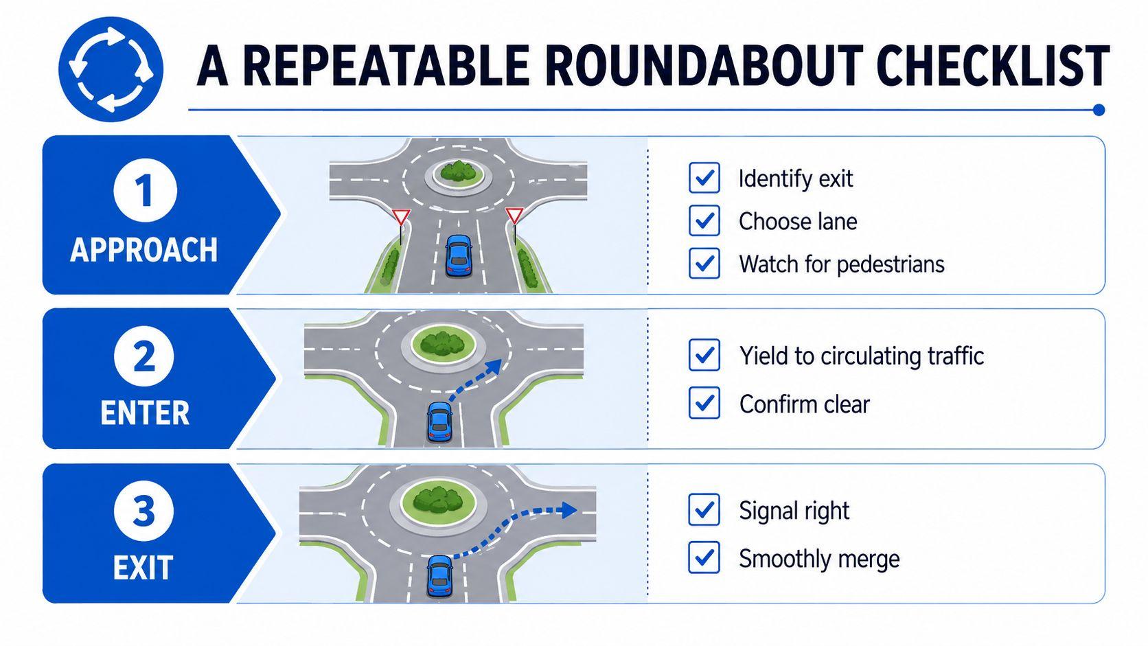 A simple, easy to read infographic titled A Repeatable Roundabout Checklist explaining steps to approach, enter, and exit roundabouts safely.