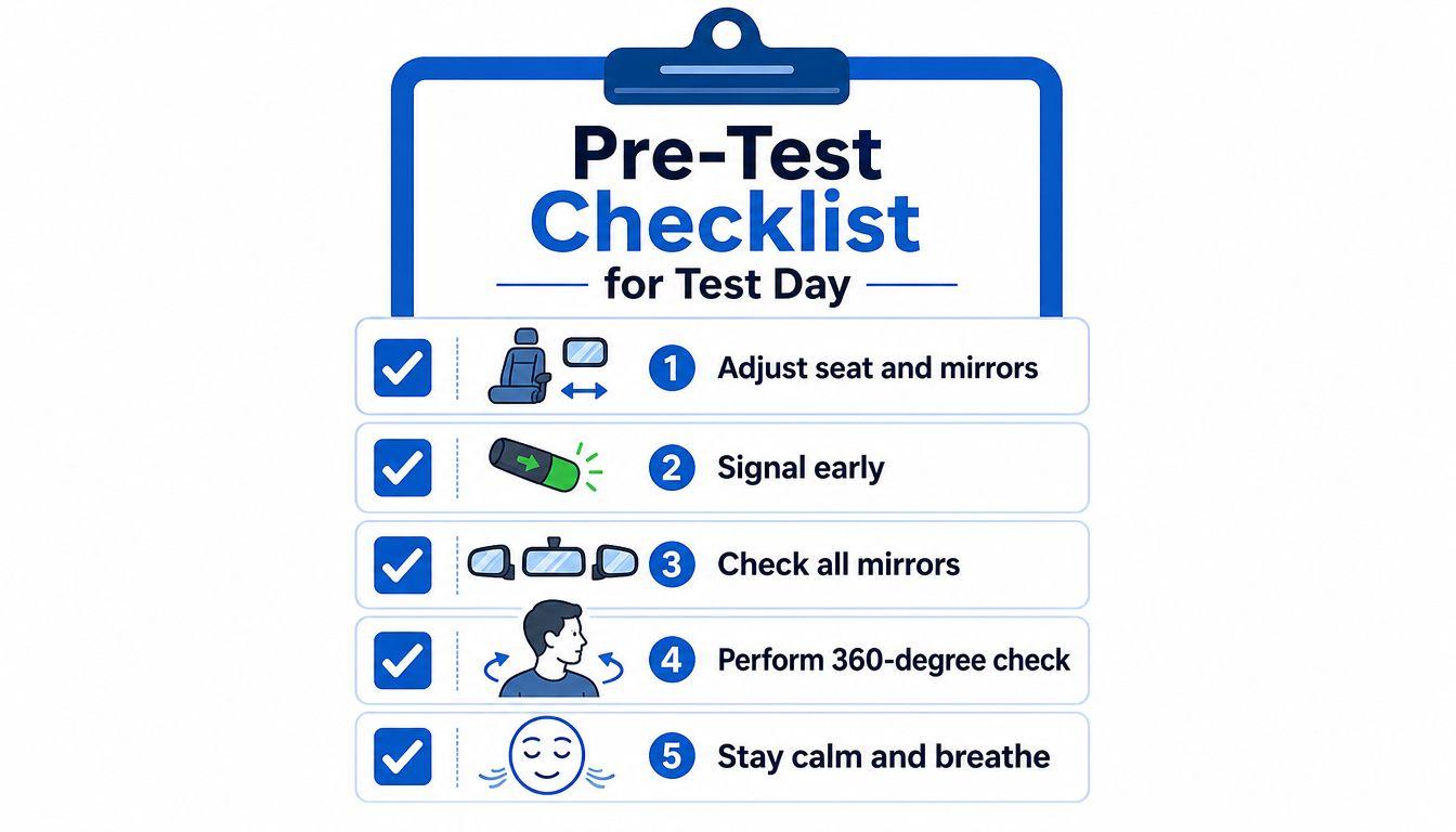 A driving test pre-test checklist infographic illustrating seat adjustments, signaling, mirrors, checks, and calming breathing techniques.