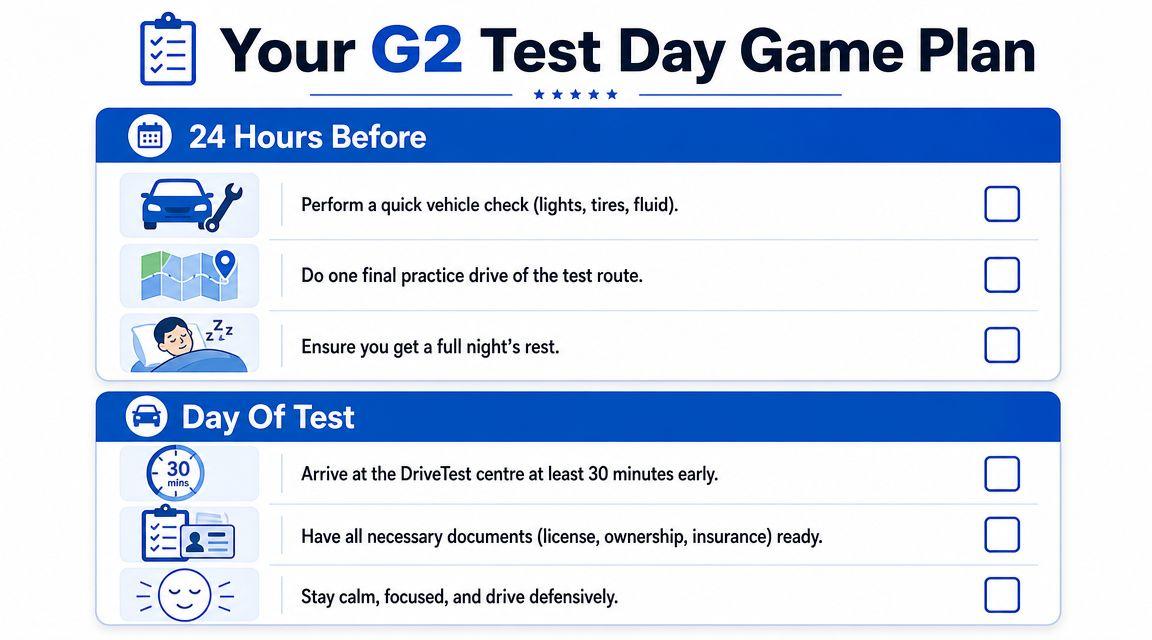 A checklist infographic titled Your G2 Test Day Game Plan outlining preparation tips for driving tests.