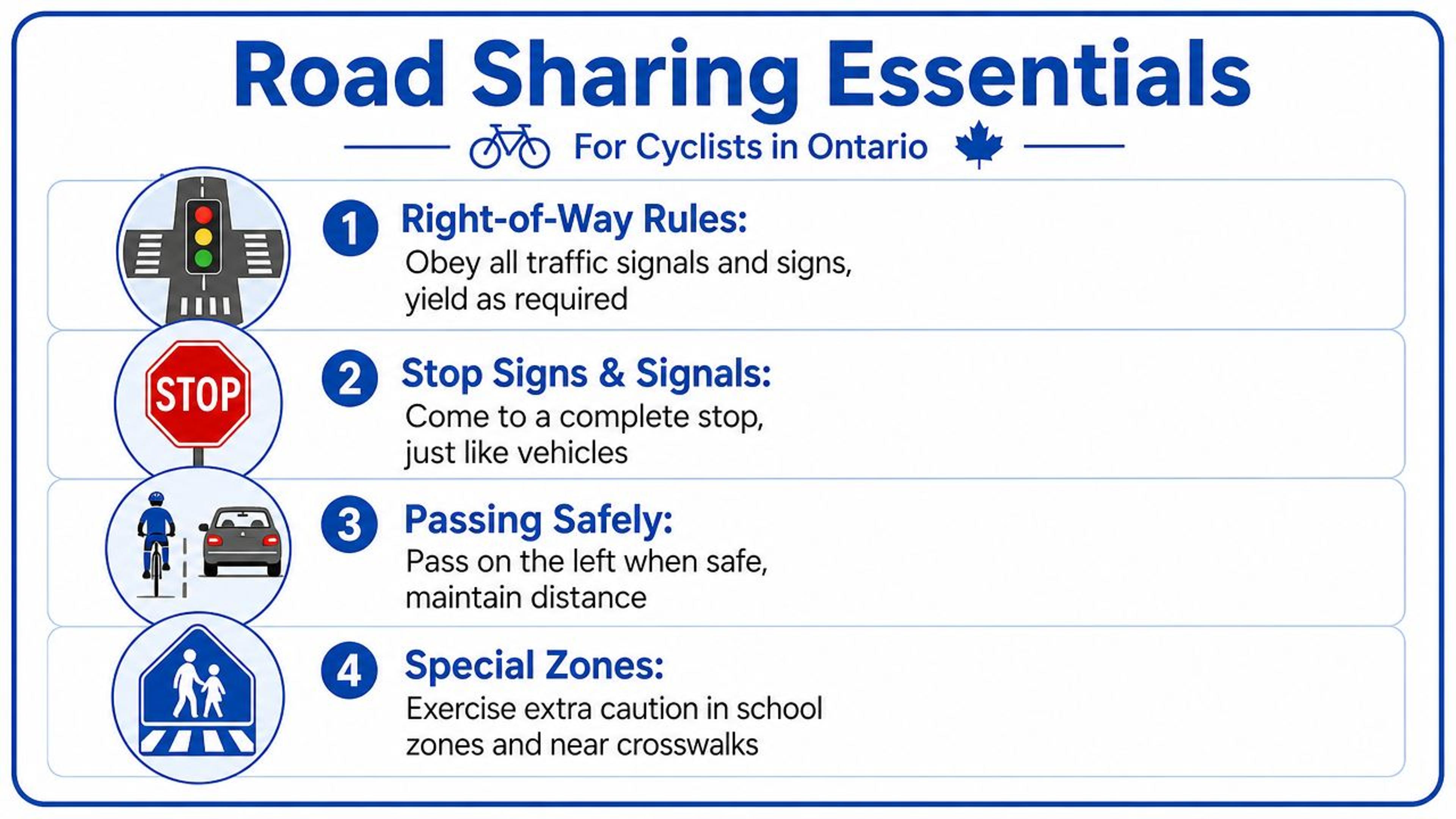 An infographic titled Road Sharing Essentials for Cyclists in Ontario, listing four key safety traffic rules.