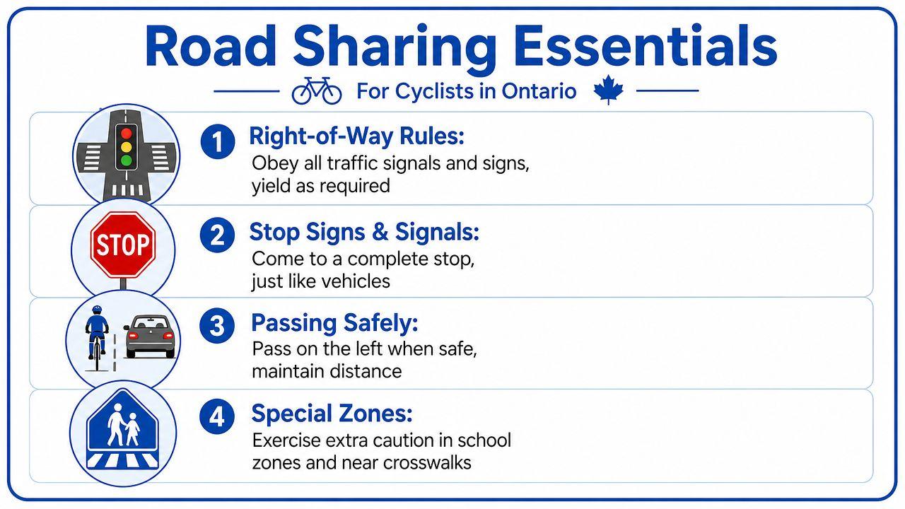 An infographic titled Road Sharing Essentials for Cyclists in Ontario, listing four key safety traffic rules.