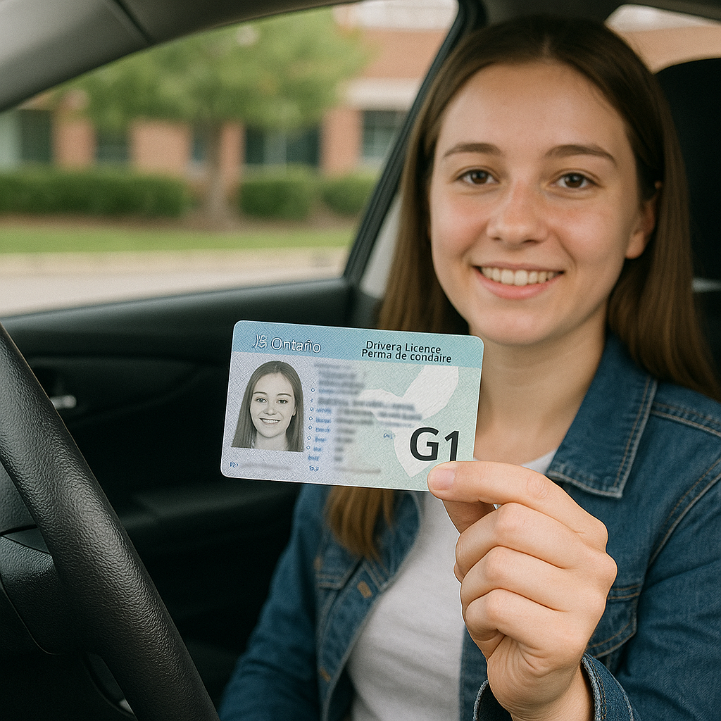 Young woman in car holding her Ontario G1 driver’s license, with the interior and a blurred suburban background visible
