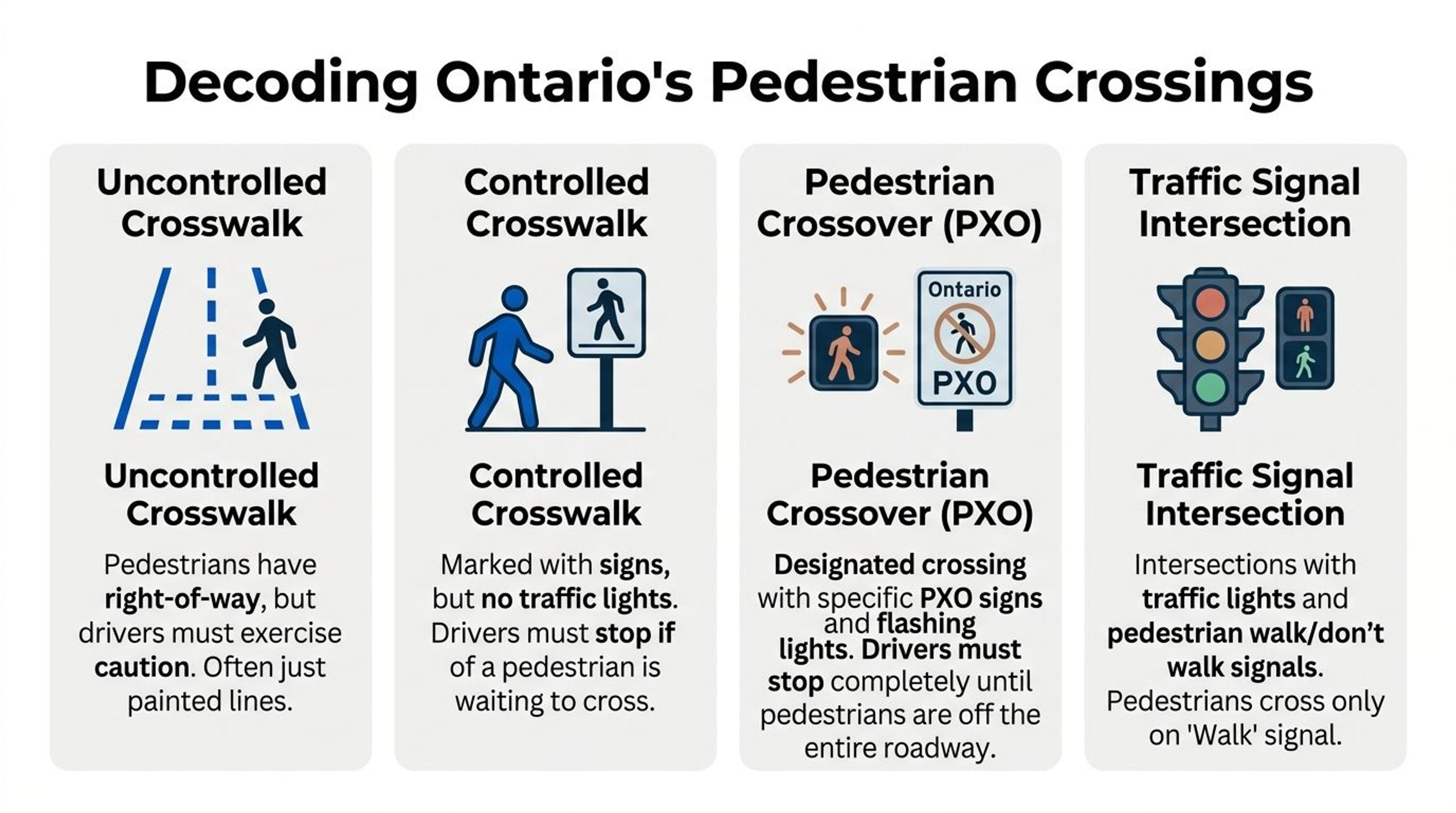 An infographic detailing four different types of pedestrian crossing rules in Ontario, Canada.