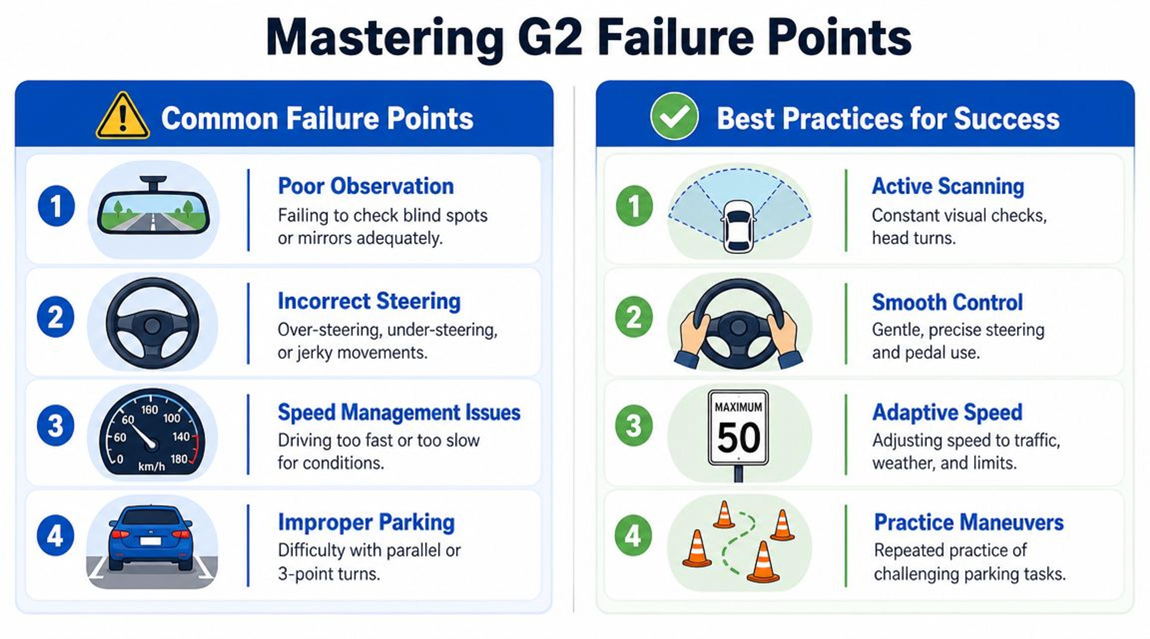 An educational infographic outlining common G2 driving test failure points and corresponding best practices for success.
