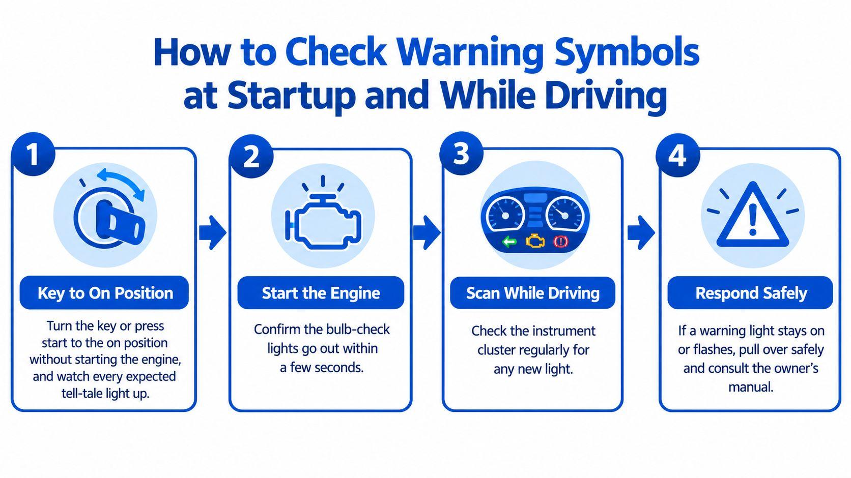 An infographic showing four simple steps to check car warning symbols at startup and while driving.