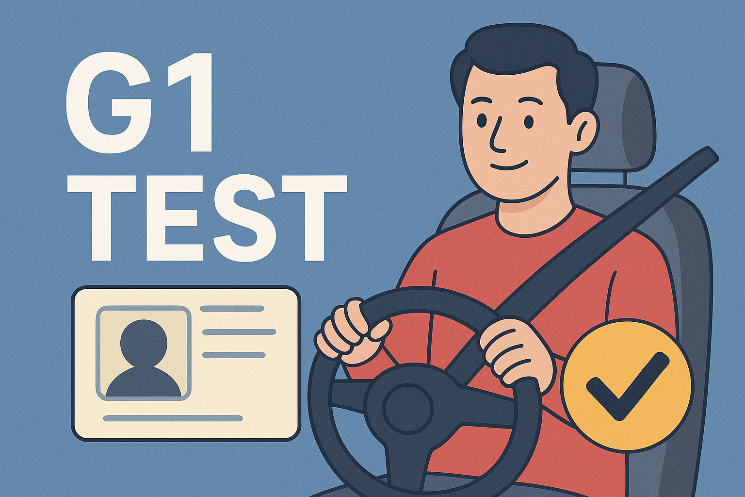 Illustration of a driver holding a steering wheel with an Ontario-style license card beside them, representing the G1 test process.